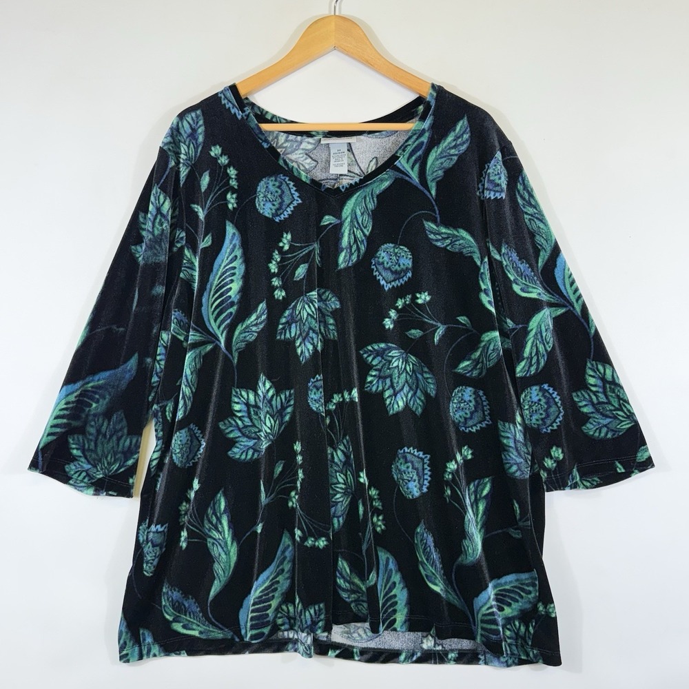Catherines Shirt‎  Womens 2X 22 24 Black Green Blue Floral Dramatic Velour Top